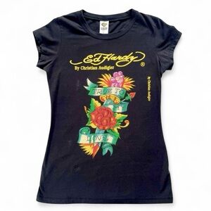 Ed Hardy by Christian Audigier Vintage y2k Tattoo Bejewelled Black Tshirt large